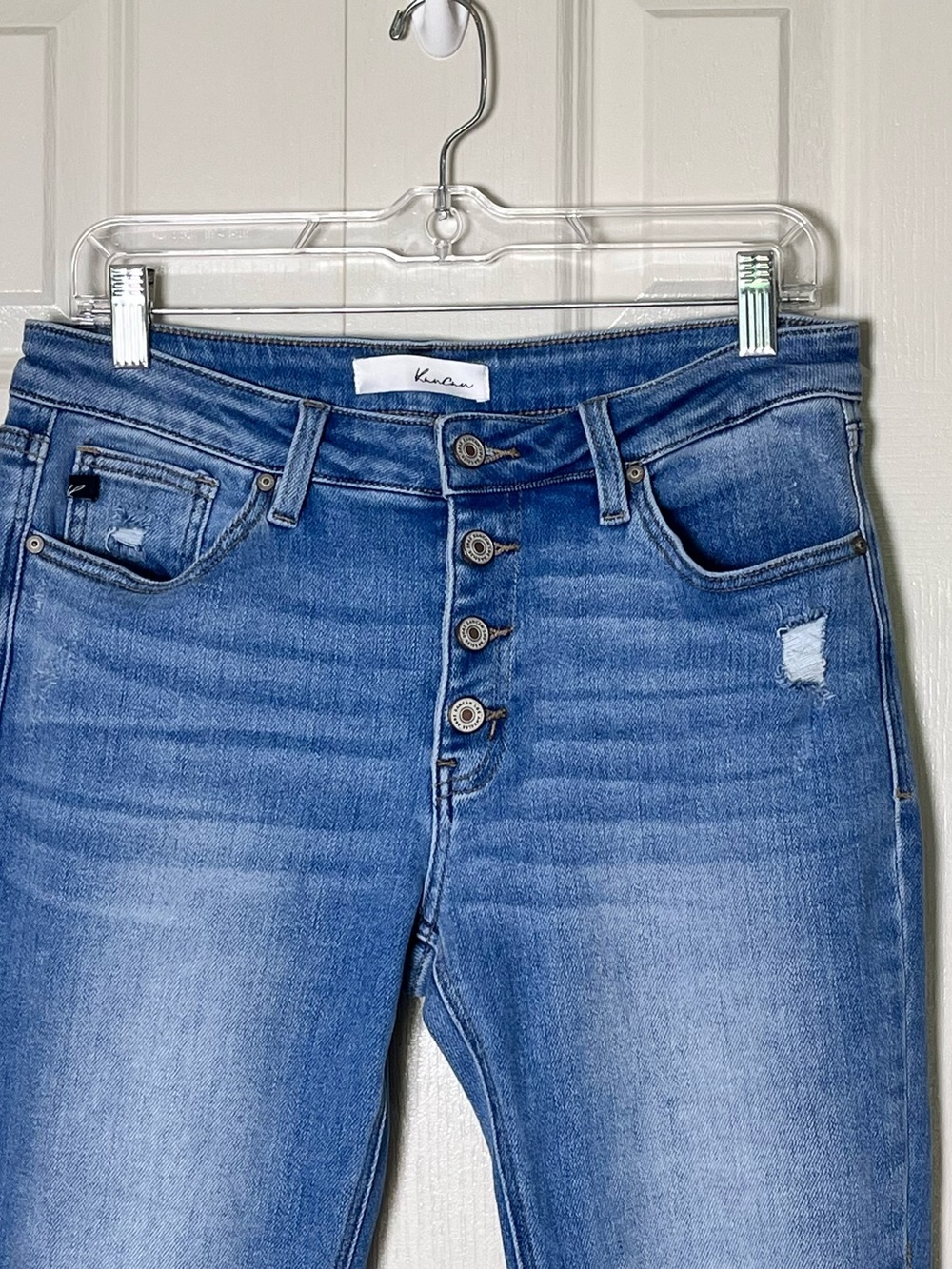 KanCan Medium Blue Distressed Faded Button Fly Flare Jeans Stretch Long Size 11 - Picture 2 of 9